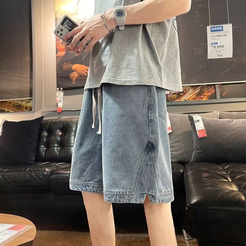 oversize American Style Retro Denim Shorts Men's Summer Vibe Style Trendy Pants Running Split Straight Pants