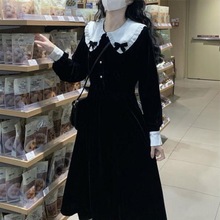 春季甜美新款法式复古小黑裙娃娃领长袖连衣裙女学生韩版A字裙子