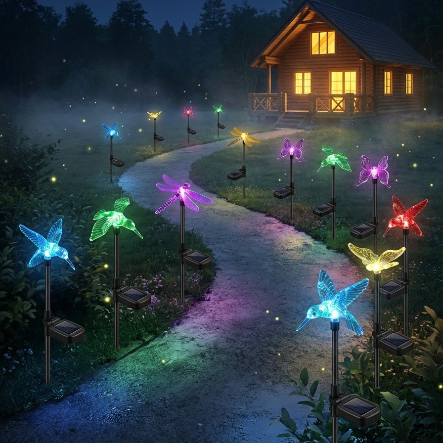Cross-Border Outdoor Solar-Powered Waterproof Colorful Color-Changing Luminous Pole Stainless Steel Butterfly Dragonfly Hummingbird Lawn Garden Light