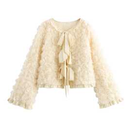 2024秋季ins女装立体花木耳边法式绑带外套