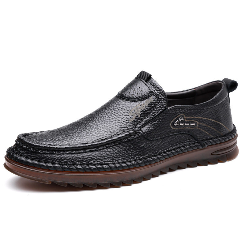 Giày lười nam da bò lớp đầu cỡ lớn, mũi tròn, đế bằng, phong cách casual — Màu nâu, Màu trắng ngà, màu đen