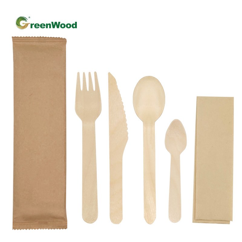 El fabricante personaliza el juego de vajilla de madera desechable ecológica, cuchillo de madera, tenedor de madera, cuchara de madera, cuchara de madera, degradable