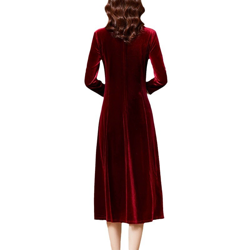Velvet cheongsam dress, demi‑season burgundy, embroidered, long sleeves, elegant evening wear