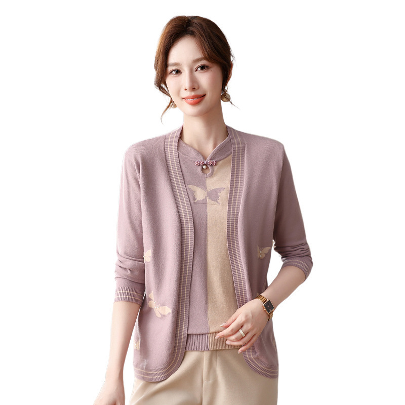 中年のお母さんの春の服のニットの服の2つのセットの新型の中国風のファッションは年齢を減らします中高年の婦人服の秋のコートを減らします。|undefined