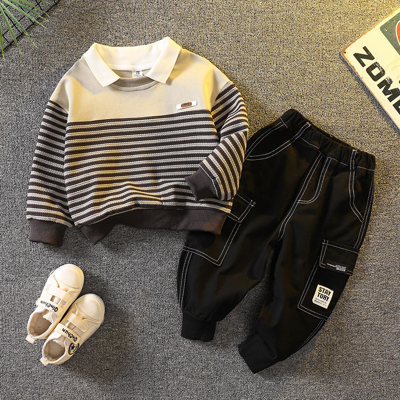 6086 traje de suéter para niños primavera y otoño 2024 nueva camisa POLO a rayas para niños traje de dos piezas de otoño para bebés
