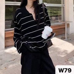 韩系撞色条纹polo领针织衫女春秋复古慵懒风毛衣百搭叠穿翻领上衣