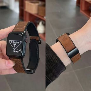 Suitable for Apple Iwatchs10S9Ultra87654 Watch with Foldableing Magnetic Buckle Genuine Leather for Men and Women