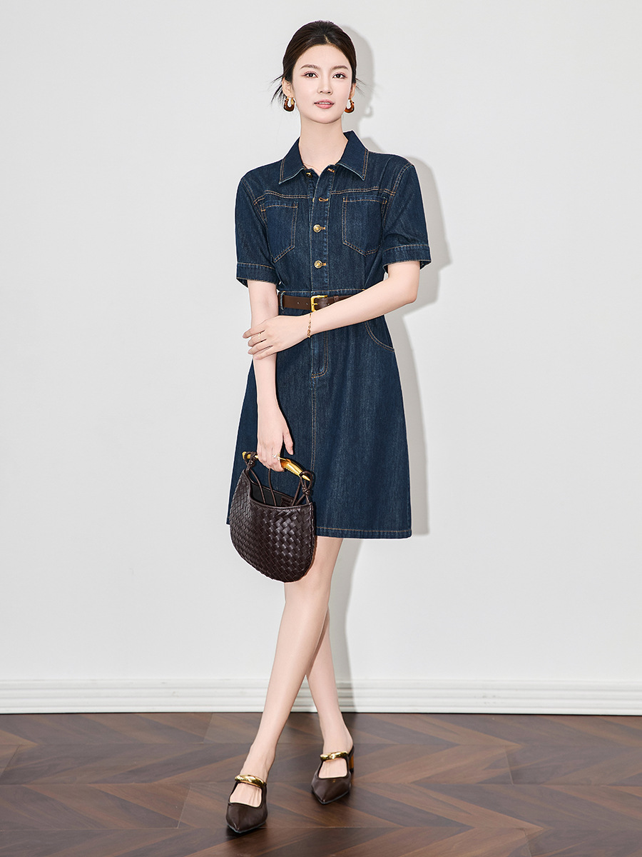 Váy denim nữ cổ ve phong cách Pháp retro Hồng Kông — Màu xanh lam