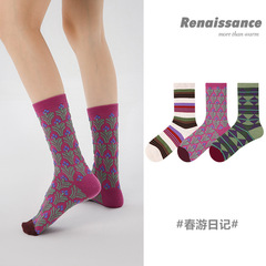 文藝復興原創設計女襪拼色條紋精梳棉中筒襪3雙禮盒裝ins潮牌襪子