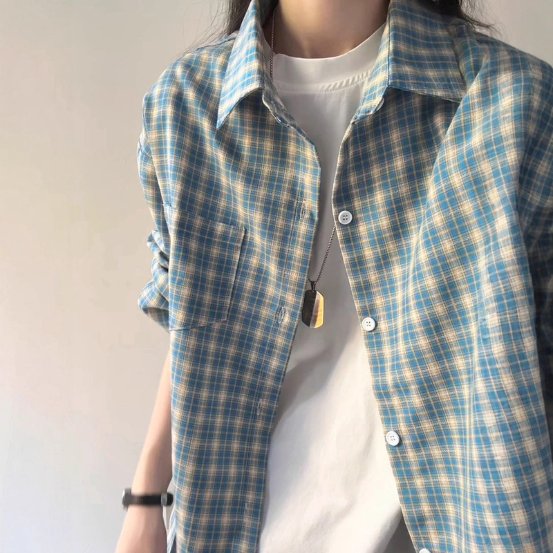 Peacock Blue Plaid Shirt for Men and Women in Autum, High-End Lazy Style Patterned Shirt, American Casual Couple Jacket