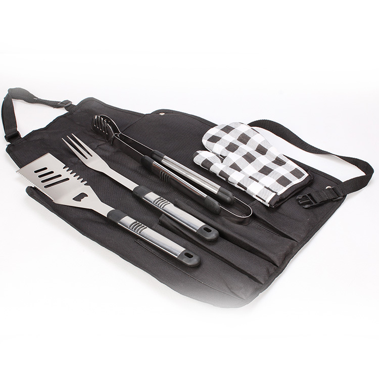 Juego de herramientas de barbacoa de acero inoxidable traje de falda bolsa de cuatro piezas para hornear mango de ciruela clip grande guantes a prueba de calor