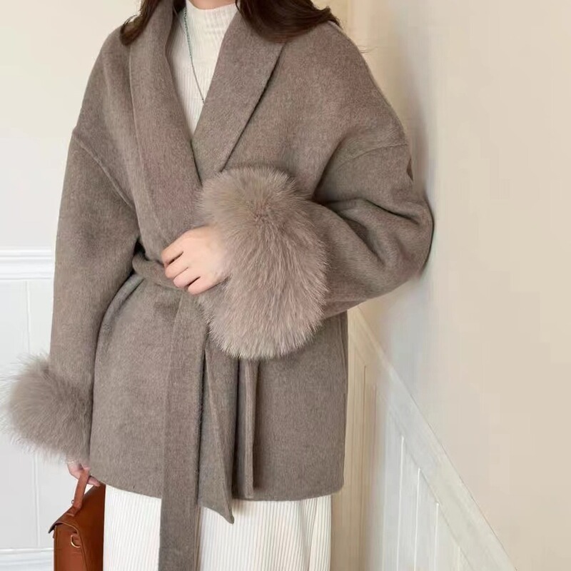 Korean Style Winter Fox Fur Lace-Up Fur Coat New Double-Sided Wool Coat Short Elegant Woolen Coat for Women