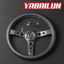 改装14寸真皮方向盘 碳纤圆孔方向盘 通用赛车竞技平面个性改装