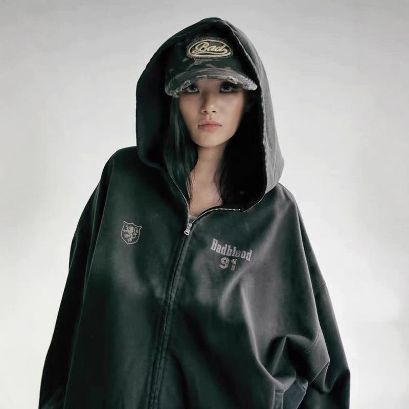 Badblood American Retro Heavy-Duty Washed Distressed Tie-Dye Printed Zipper Hooded Sweatshirt Jacket Sports Cardigan