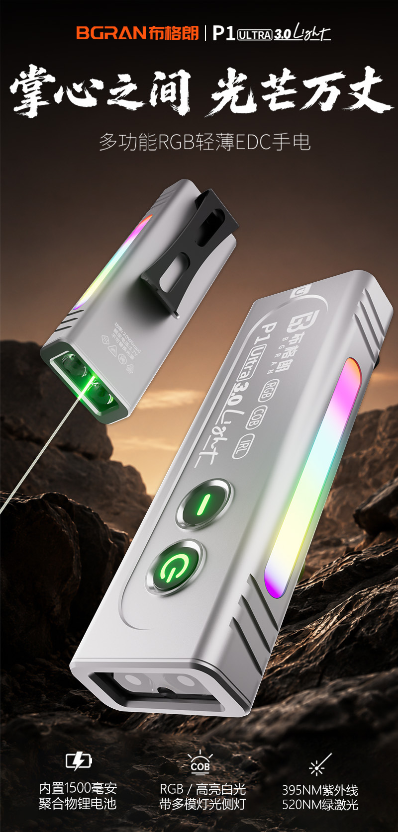 Green laser magnetic flashlight, ultra-bright RGB multi-color, small, portable, and versatile EDC work light for outdoor use and repairs