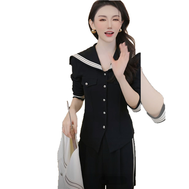 深圳南油运动套装女秋季2025新款显瘦气质海军领卫衣直筒裤两件套|undefined