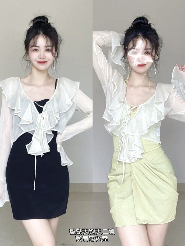 ▇夏季新款荷叶边雪纺防晒衣配吊带裙子外搭小披肩透气短款开衫bz