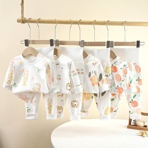 Baby High-Waist Protective Tummy Pajamas Set for Boys and Girls Autumn Top and Bottom Set Baby Spring and Autumn Home Wear Set Wholesale