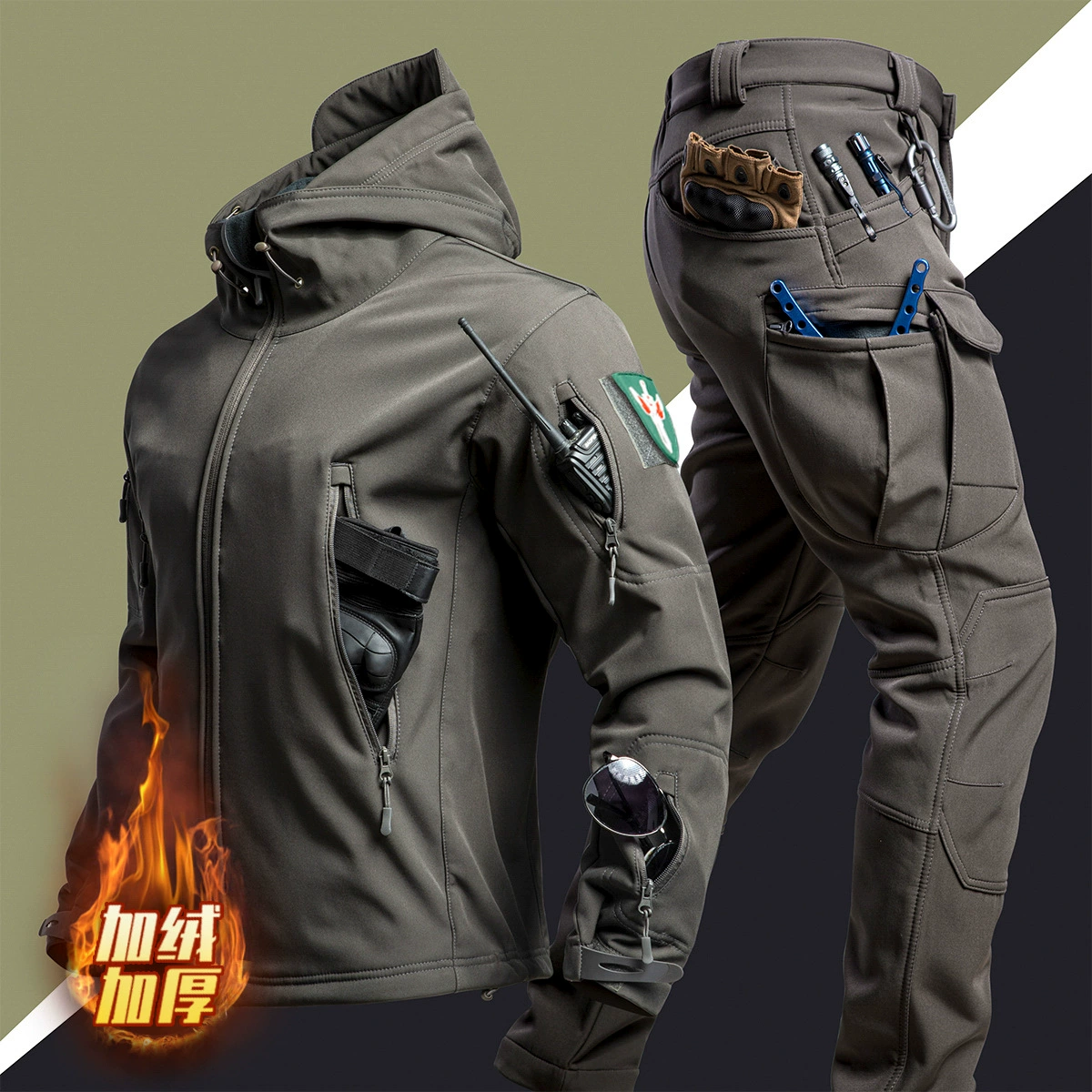 Camouflage winter travel jacket, warm windproof tactics climbing set