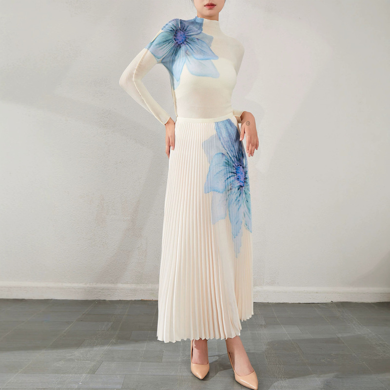 Miyake fashion pleated printed simple top and skirt two-piece set, autumn slim-fit elegant outfit for women Miyake fashion pleated printed simple top and skirt two-piece set, autumn slim-fit elegant outfit for women