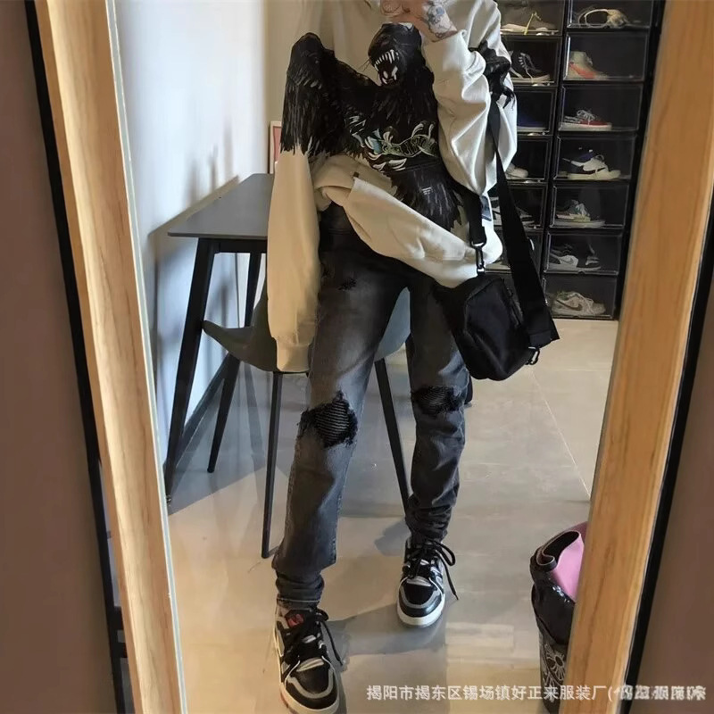 European and American High Street Fog Style Trendy Fake Ripped Pleated Amiri Jeans Unisex Versatile Slim Fit Pants European and American High Street Fog Style Trendy Fake Ripped Pleated Amiri Jeans Unisex Versatile Slim Fit Pants