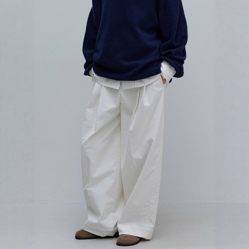 Moondal Corduroy Casual Pants for Women, New Autumn and Winter Korean Style Ivory White High-Waisted Pleated Slimming Straight-Leg Pants