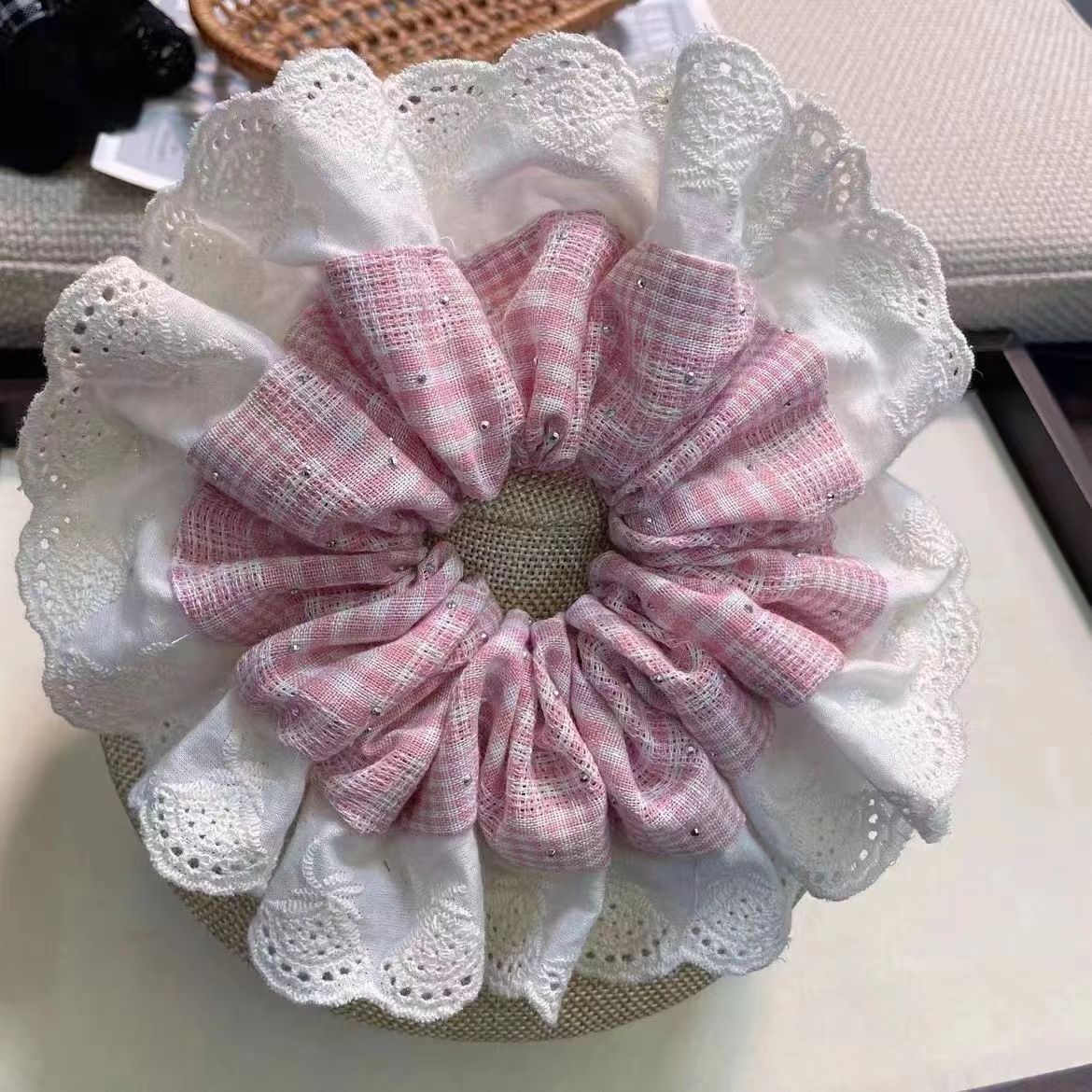 16＃少女粉格子烫钻发圈