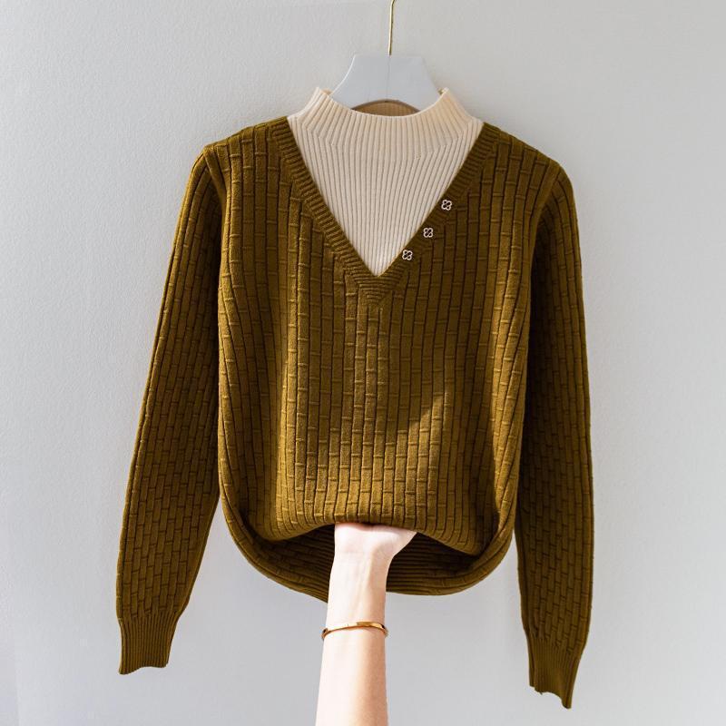 Loose Slimming Long-sleeved Short Fake Two-piece Sweater Women's Autumn and Winter New Half-high Collar Base Shirt Women's New Loose Slimming Long-sleeved Short Fake Two-piece Sweater Women's Autumn and Winter New Half-high Collar Base Shirt Women's New