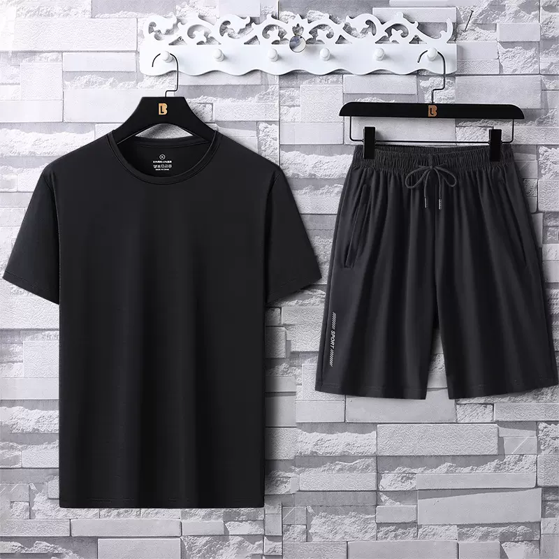 冰丝透气户外运动短袖套装男女外贸定制跑步健身速干潮流百搭短裤