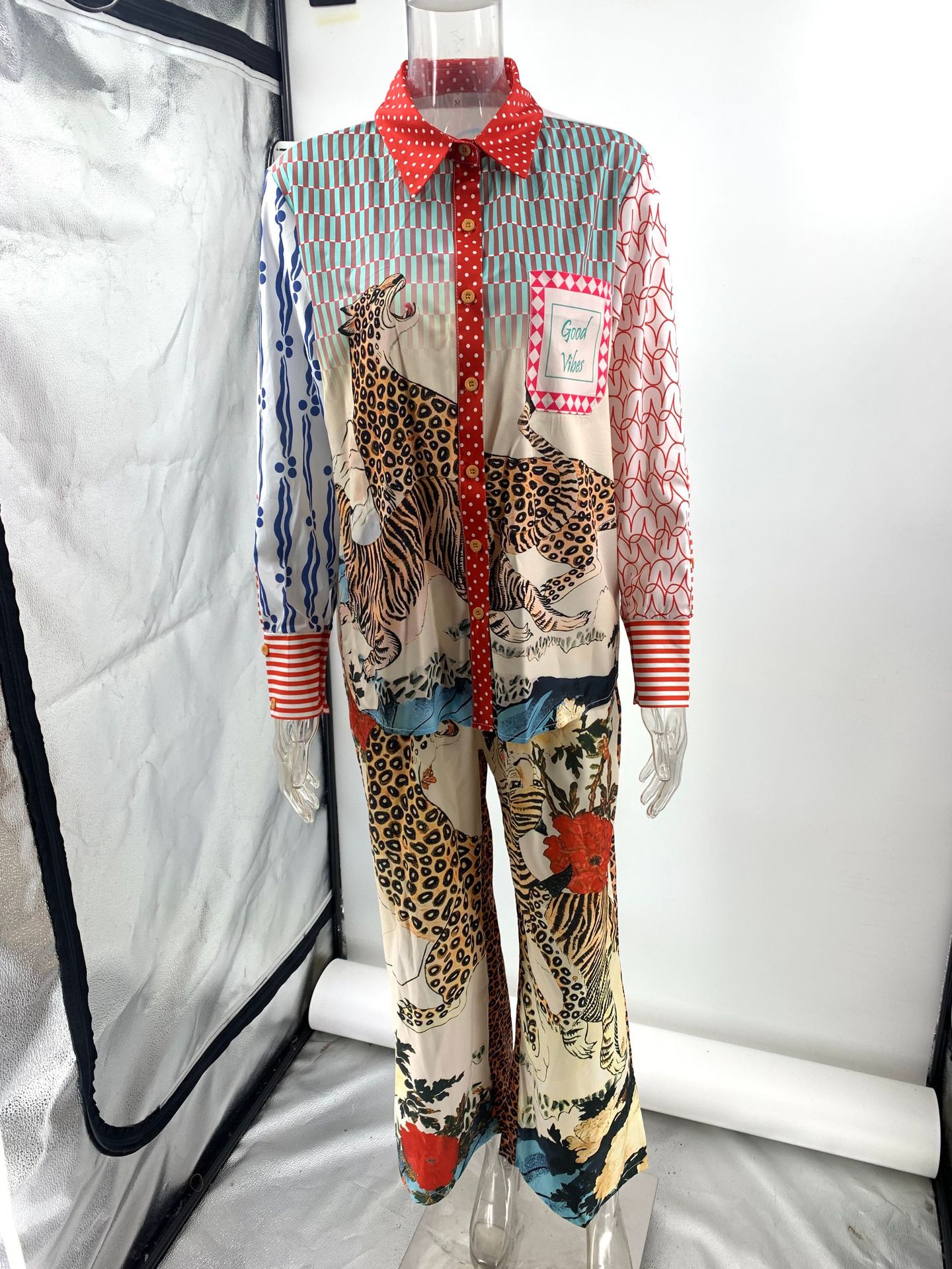 Casual Vacation Leopard Print Long Sleeved Shirt Trousers Two Piece Suit