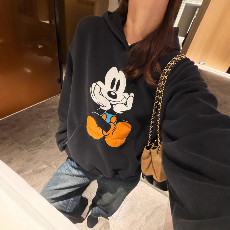 Lazy Person Goes Out Mickey Mouse Hooded Velvet Sweatshirt for Women Three Times Enzyme Washed Heavy 480g Outer Hoodie