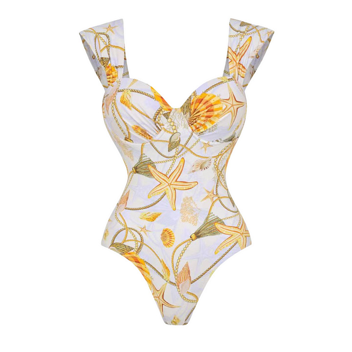 Women's Long-sleeve Shell Print Swimsuit With Built-in Bra_voghion.com