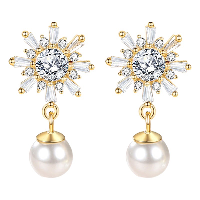 Pendientes de plata esterlina s925 copo de nieve ZIRCON perla pendientes aguja de plata moda francés de alta calidad pendientes de girasol temperamento