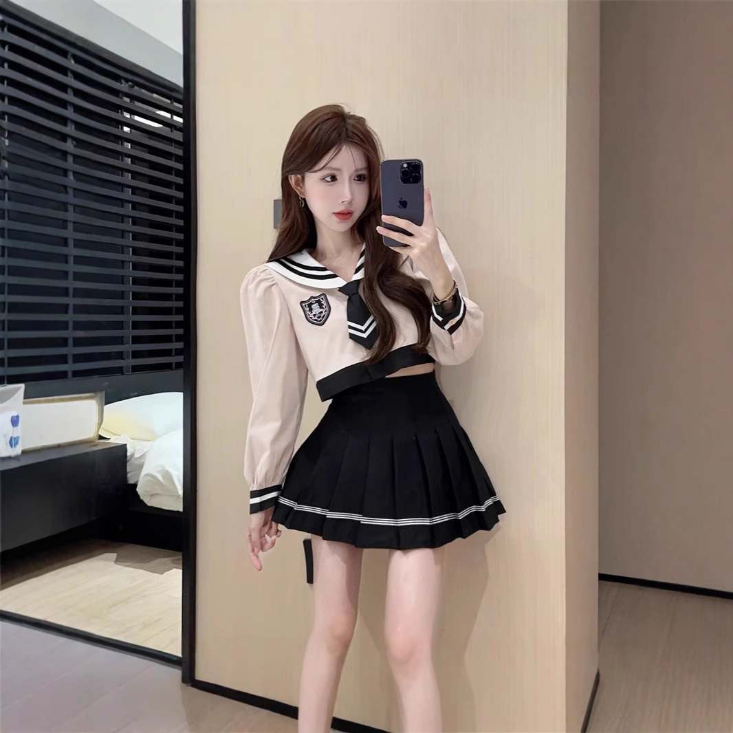 새로운 대학 스타일 스파이스 소녀 유니폼 세트 느슨한 해군 칼라 탑 높은 허리 JK 주름 치마 슬림 2 피스 세트
