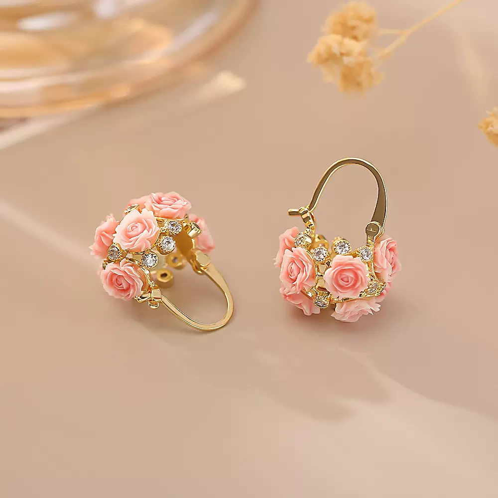 仙女风玫瑰锆石篮子U型耳环高级感时尚精致耳饰甜美清新包包耳扣