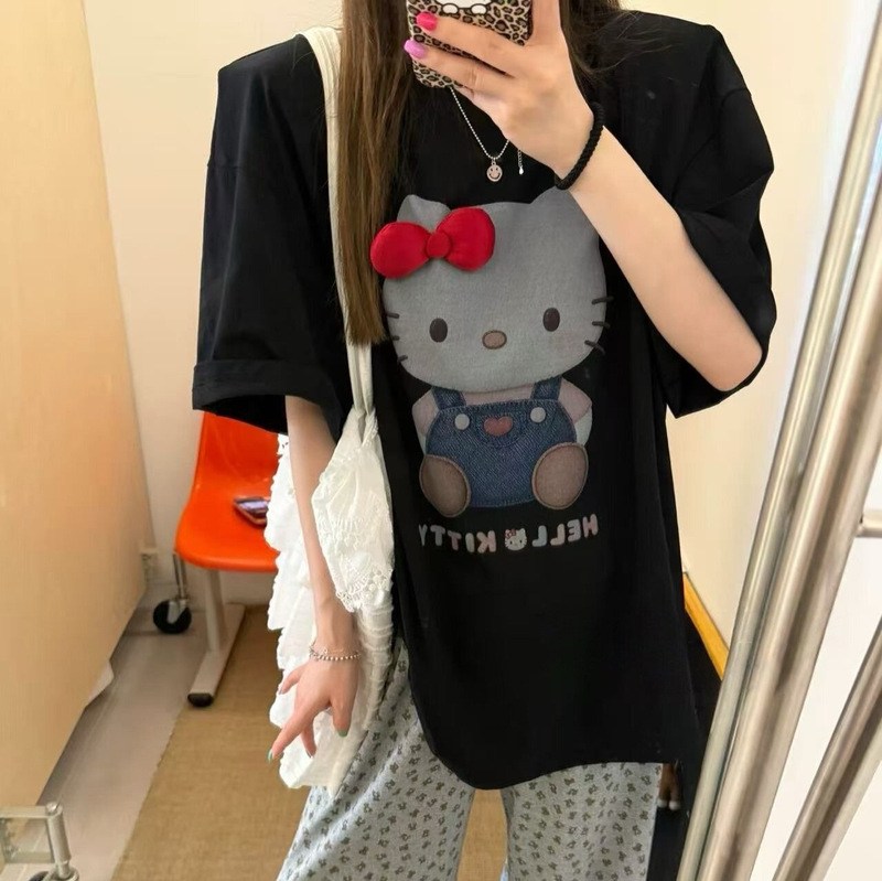 2026 Summer Korean Bowknot Cartoon Print Short Sleeve T-shirt, Round Neck, Loose Fit, Versatile, Casual Mid-Length Top 2026 Summer Korean Bowknot Cartoon Print Short Sleeve T-shirt, Round Neck, Loose Fit, Versatile, Casual Mid-Length Top