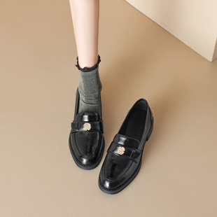 British Paris Small Leather Shoes Left Bank Patent Leather Thick Heel with Gold Buckle Black Single-layer Shoes Loafers Women's Brown Round-toe in stock