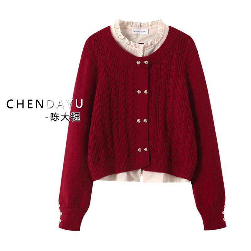 法式温柔风长袖针织衫红色假两件毛衣女秋冬新款设计感别致上衣
