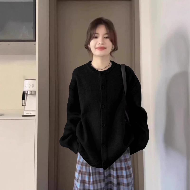 黑色针织开衫女秋季宽松慵懒风休闲高级感外搭厚毛衣外套上衣|undefined
