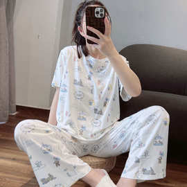 日系卡通纯棉睡衣女春夏季短袖长裤圆领宽松休闲家居服女夏款套装