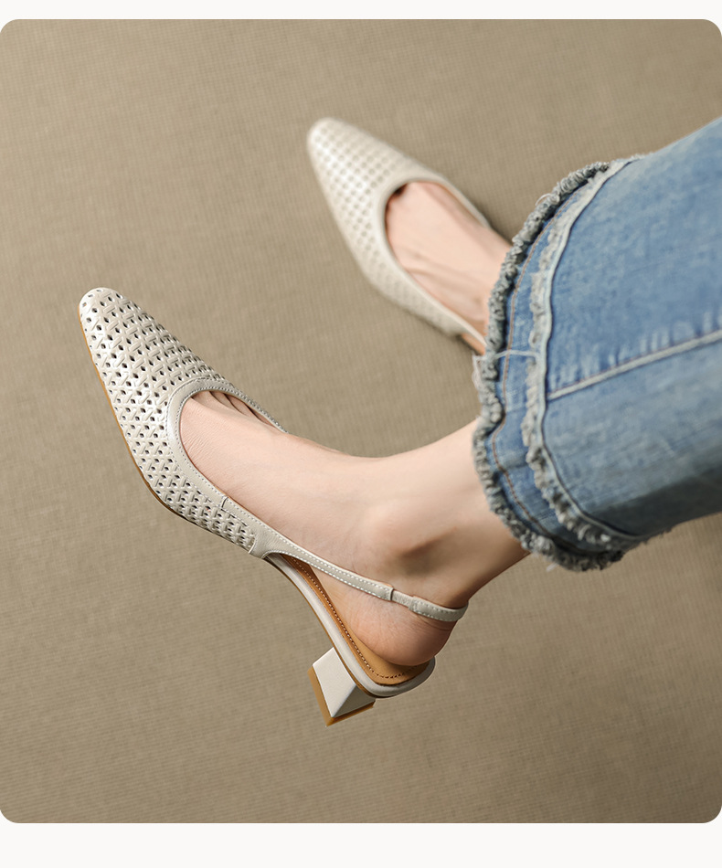 Sandal nữ da bò dệt mũi kín gót thô cao 6 cm phong cách công sở — đen chi tiết 15