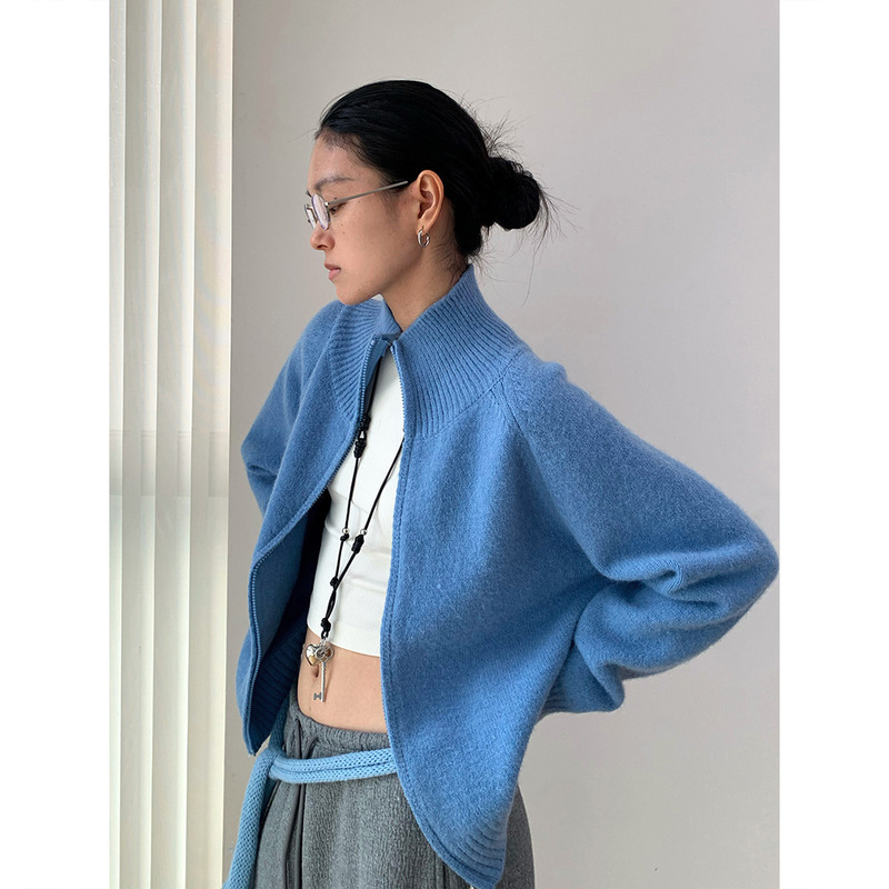 Dorothy's New Autum Product Korean Soft and Waxy Double Zipper Stand Collar Pure Color Design Knitwear Cardigan Knitwear Jacket