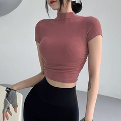 Retro Pure Desire Style Spicy Girl Half-Neck Pleated Fitness Short-Sleeve T-Shirt Women Tight Elastic Quick-Dry Top