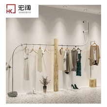 韩版不锈钢拉丝银色服装店衣服展示架实木中岛落地式网红陈列货架