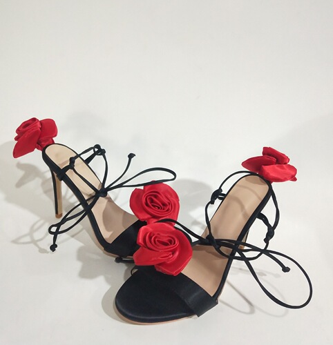2024 foreign trade new style round toe stiletto heel super high heel satin rose flower heel strap large size one-strap sandals for women