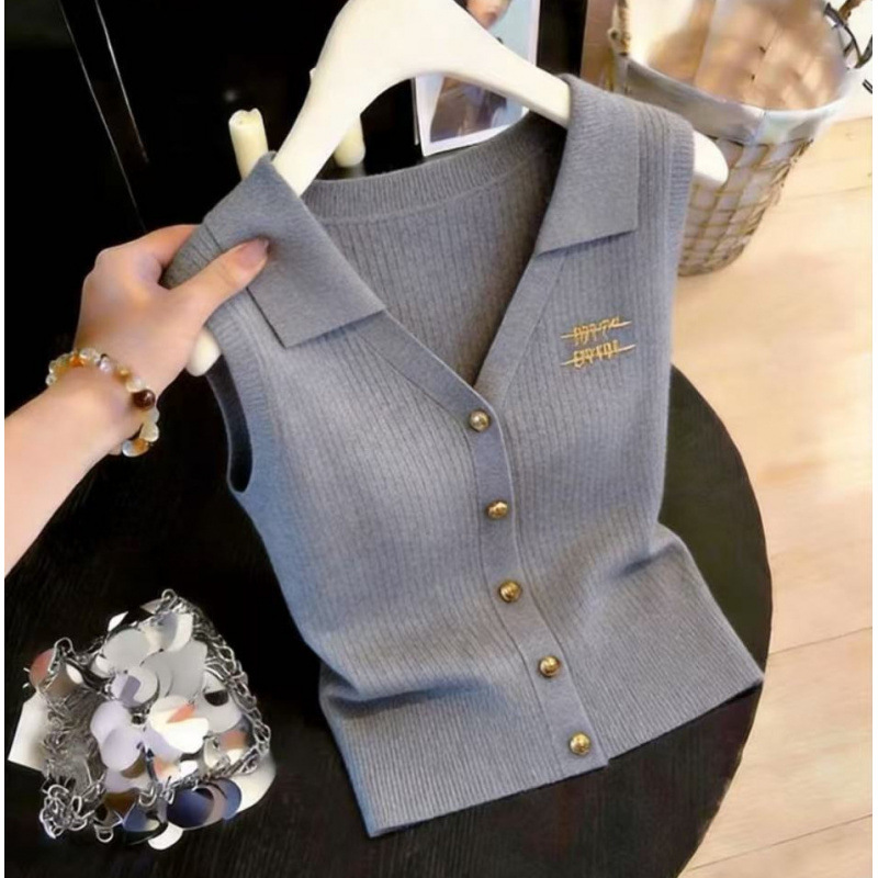 Summer New Style Women's Collared Sleeveless Knitted Vest Slim Fit Short Top_ecoleips.com