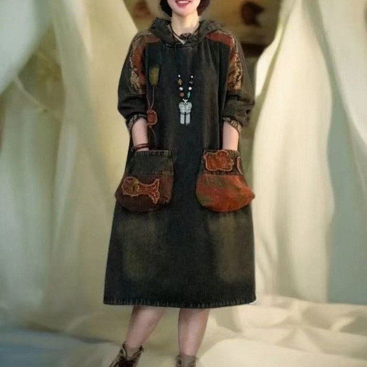 Autumn Fried Color Denim Hooded Robe Dress 1542