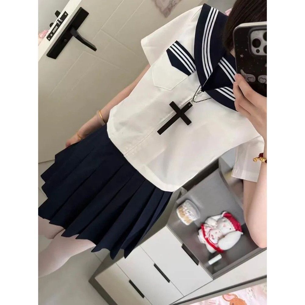 原创正统jk制服日系基础款中间服学院风海军领白三本水手服套装女