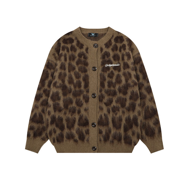 KKYESIOU 미국 레트로 레오파드 디자인 니트 카디건 남녀 틈새 게으른 하이 엔드 커플 재킷