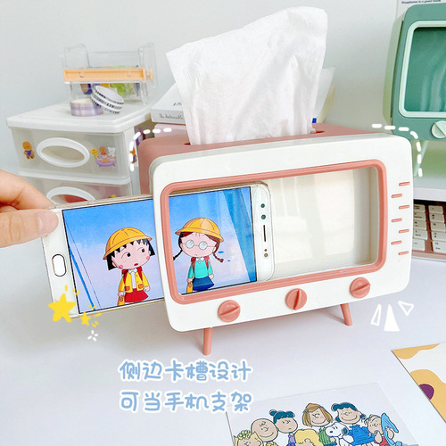 Internet celebrity creative multifunctional tissue box desktop TV tissue box retro storage box with mobile phone holder